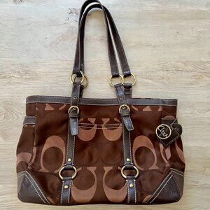 Coach Shoulder Tote Handbag – Brown Leather and Jacquard